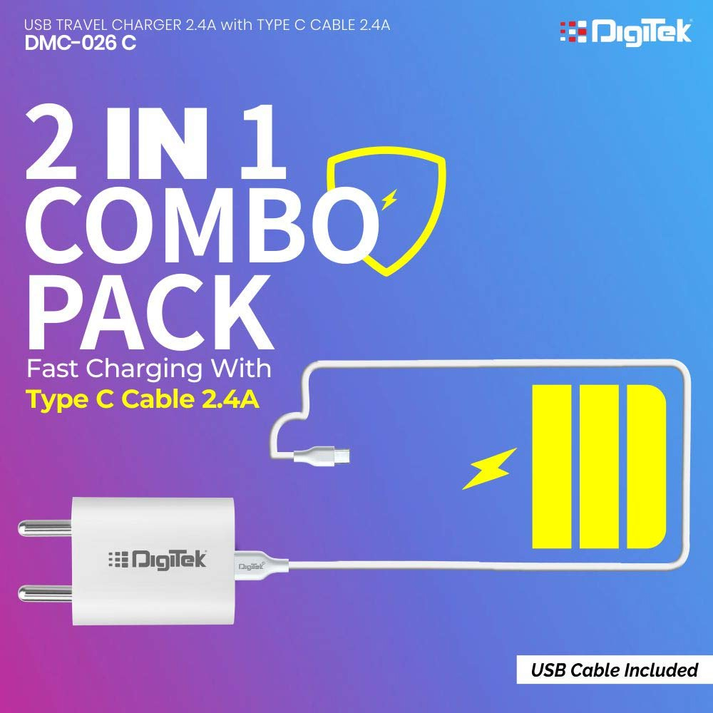 DIGITEK DMC-026C 2.4A Smart Fast Charger Dual USB Adapter for Smartphone  with C Type Data Cable 2.4A 